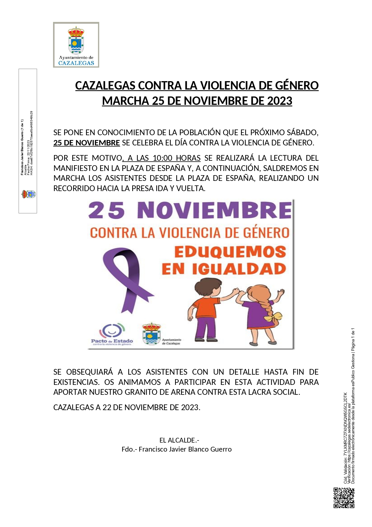 CAZALEGAS CONTRA LA VIOLENCIA DE GÉNERO. MARCHA 25/11/2023 10.00H.